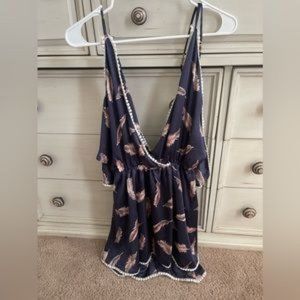 Navy Blue Cold Shoulder Feather Design Dress